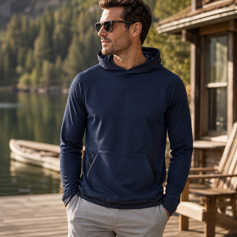 Rhone Waffle Tech Hoodie Navy Blue Men's Large Performance Pullover